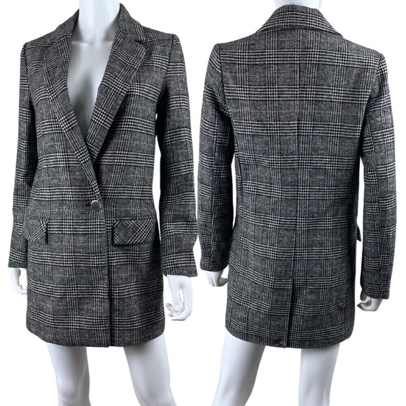 Zara Size XS Double Breasted Checked Blazer Wool Jacket Houndstooth Plaid Coat - Picture 1 of 17